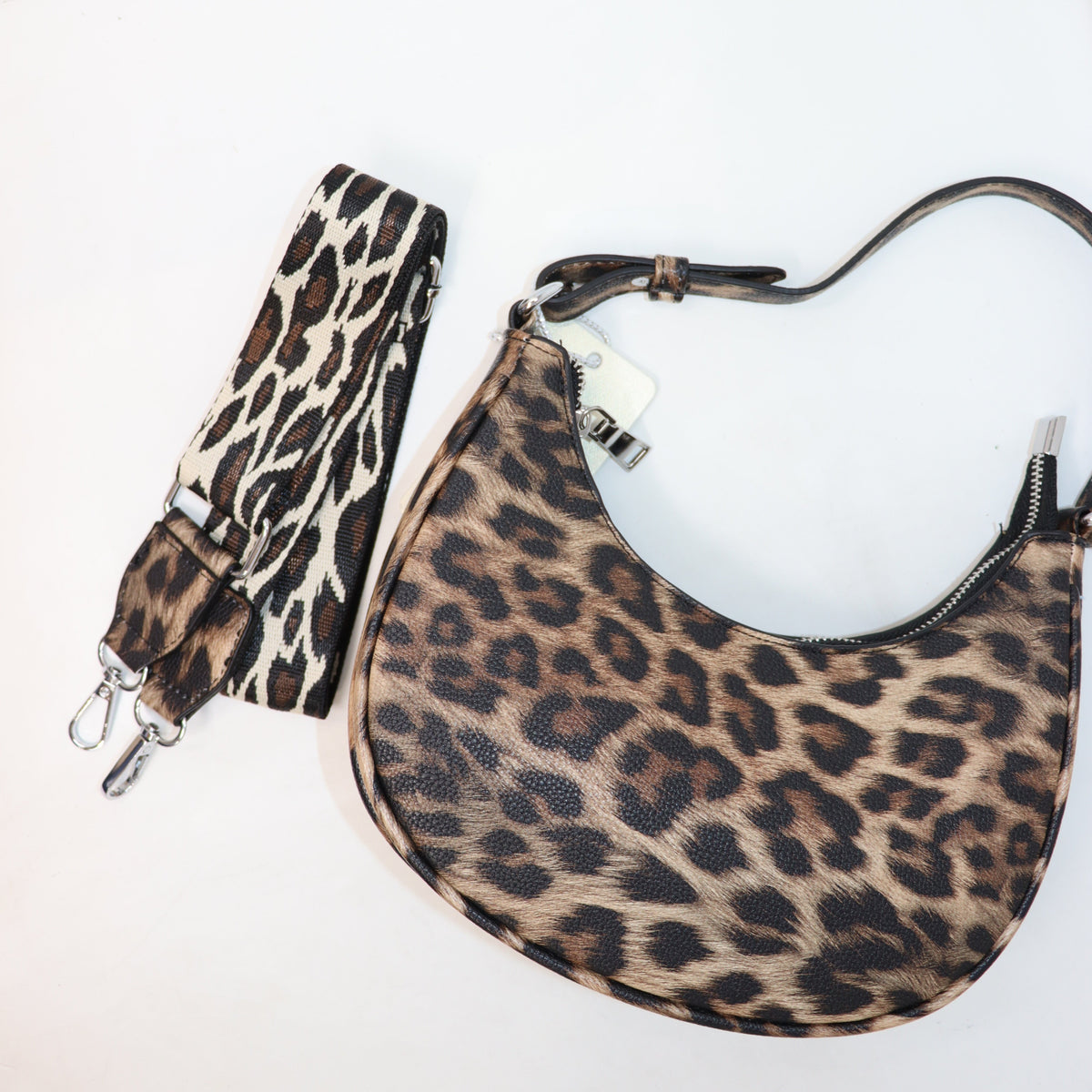 BORSA MEZZA LUNA A SPALLA CON TRACOLLA, MACULATO LEOPARDATO